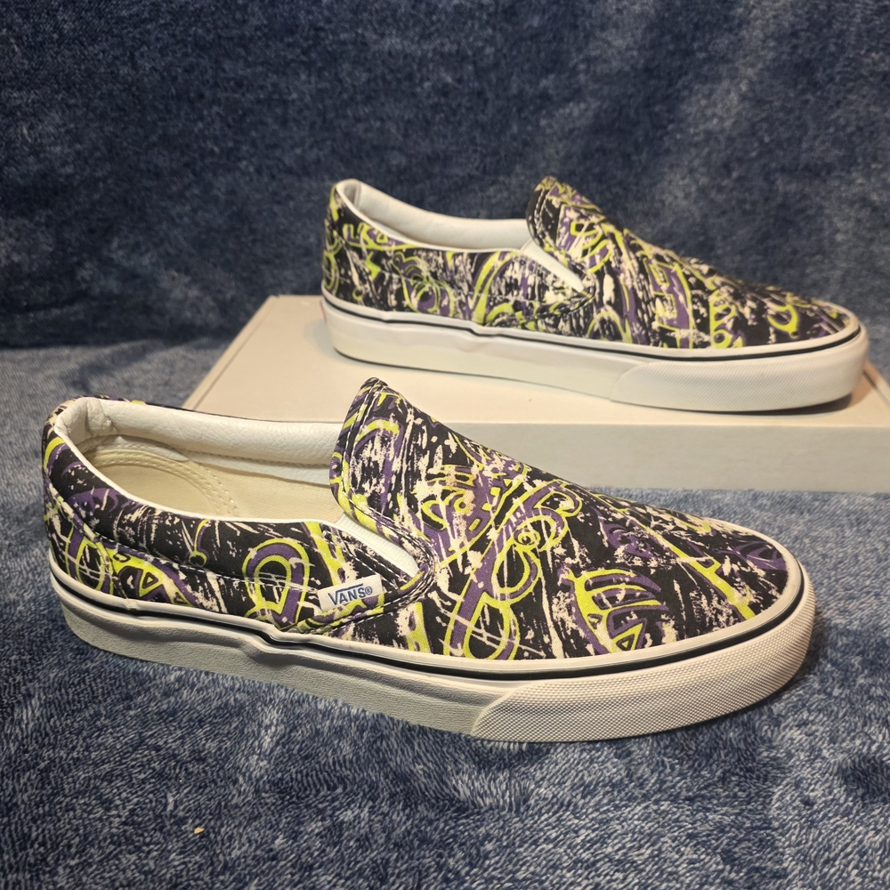Vans Slip-On Sneakers in Black, Purple & Neon Yellow Graffiti
